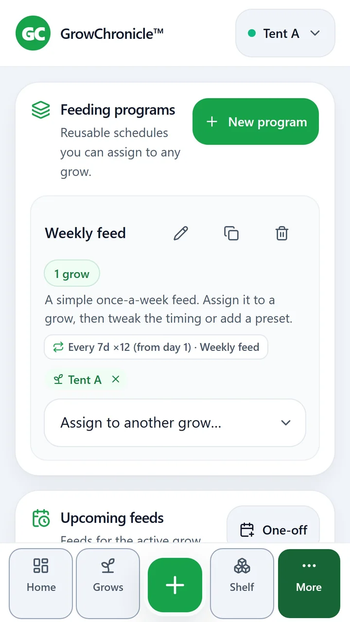 GrowChronicle schedule screen with example planned feeds.