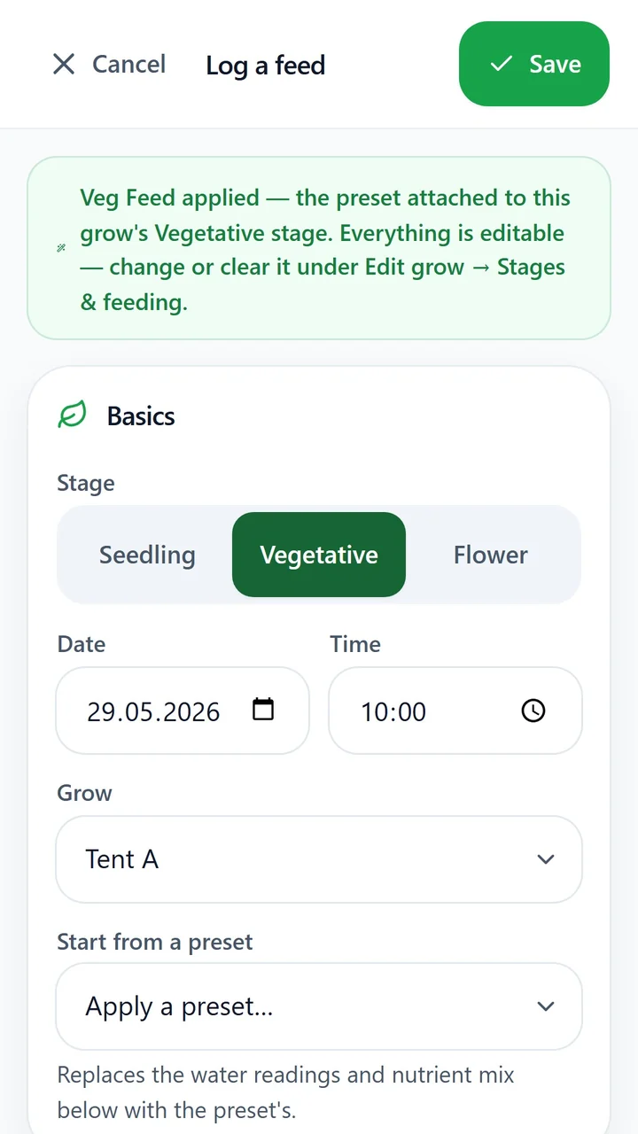 GrowChronicle feed form with a preset, growth stage, date and time.