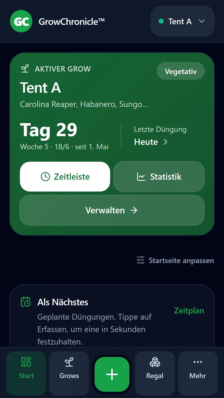 GrowChronicle Home screen in German with example data.