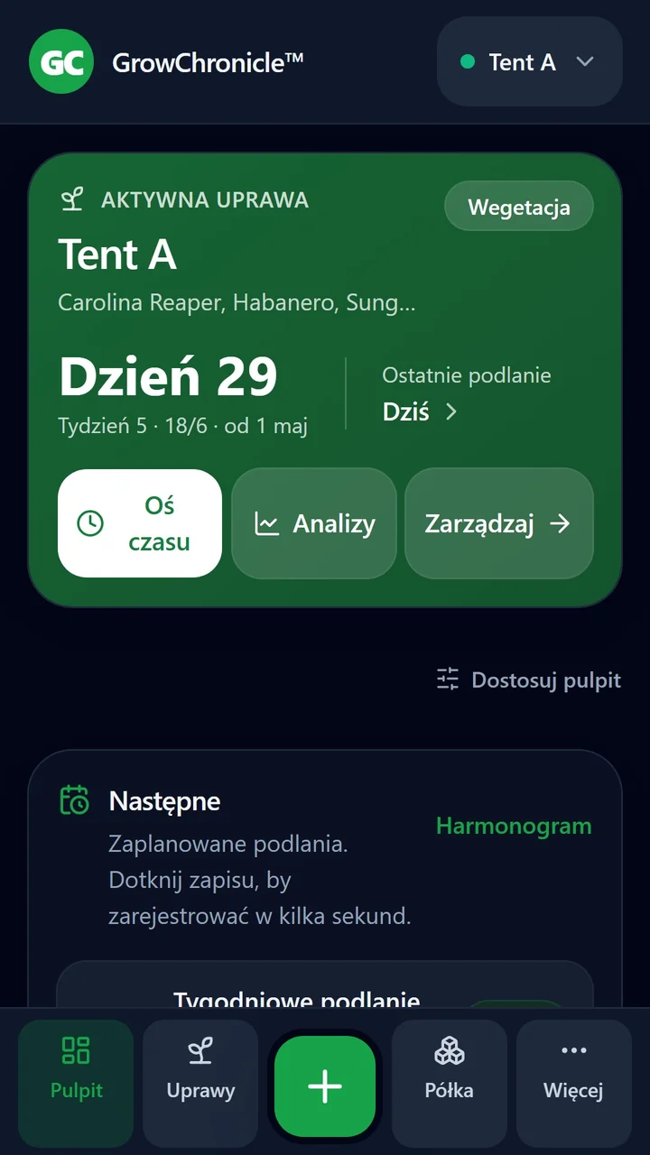 GrowChronicle Home screen in Polish with example data.