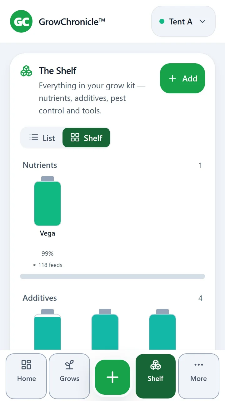 GrowChronicle Shelf screen showing example nutrient and additive bottles with the stock left in each.