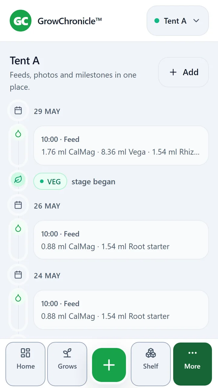 GrowChronicle timeline for the sample grow: dated feed entries with their nutrient mix, and the stage change, in one list.